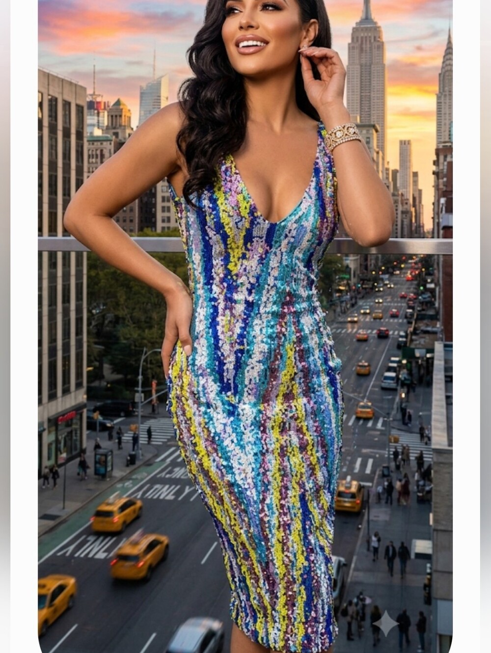 Angel Brinks Multicolor Sequin V-Neck Glitter Sparkle Embellished Dress Size M - Picture 1 of 13